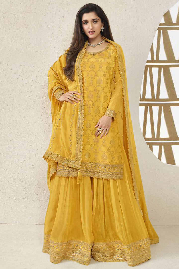 Nidhi shah Yellow Color Viscose Fabric Ravishing Jacquard Weaving Palazzo Suit