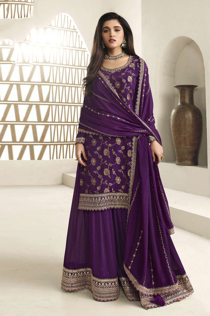 Nidhi shah Viscose Fabric Purple Color Fantastic Jacquard Weaving Palazzo Suit