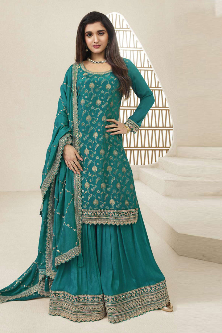 Nidhi shah Viscose Fabric Sea Green Color Graceful Jacquard Weaving Palazzo Suit