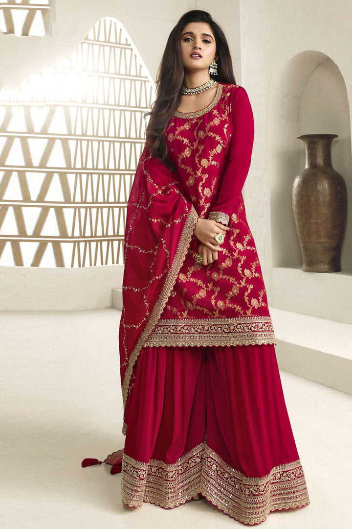 Nidhi shah Red Color Viscose Fabric Gorgeous Jacquard Weaving Palazzo Suit