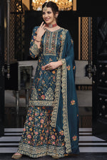 Load image into Gallery viewer, Art Silk Fabric Teal Color Elegant Festive Look Palazzo Suit
