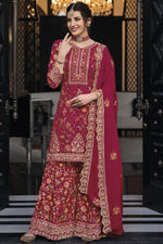 Load image into Gallery viewer, Red Color Art Silk Fabric Ravishing Festive Look Palazzo Suit
