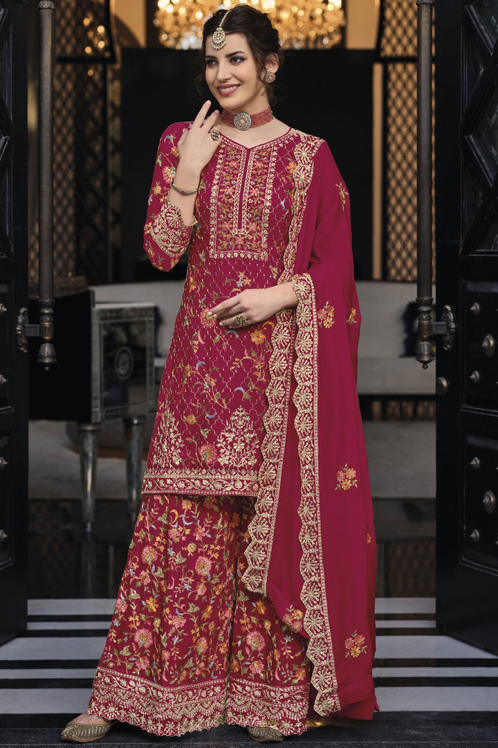 Red Color Art Silk Fabric Ravishing Festive Look Palazzo Suit