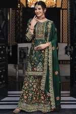 Load image into Gallery viewer, Dark Green Color Art Silk Fabric Enticing Festive Look Palazzo Suit

