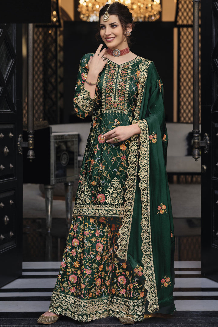 Dark Green Color Art Silk Fabric Enticing Festive Look Palazzo Suit