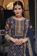 Load image into Gallery viewer, Art Silk Fabric Navy Blue Color Graceful Festive Look Palazzo Suit

