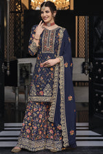 Load image into Gallery viewer, Art Silk Fabric Navy Blue Color Graceful Festive Look Palazzo Suit
