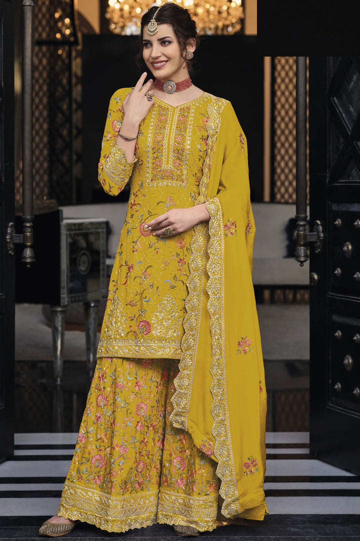 Yellow Color Art Silk Fabric Gorgeous Festive Look Palazzo Suit