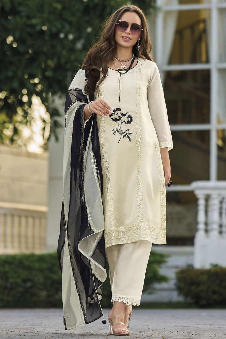 Glorious Sangeet Wear White Color Organza Fabric Readymade Salwar Suit