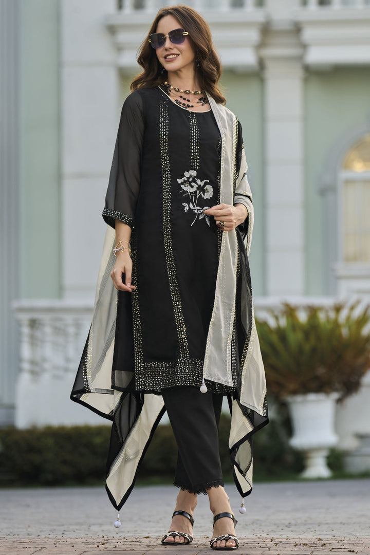 Attractive Sangeet Wear Black Color Organza Fabric Readymade Salwar Suit