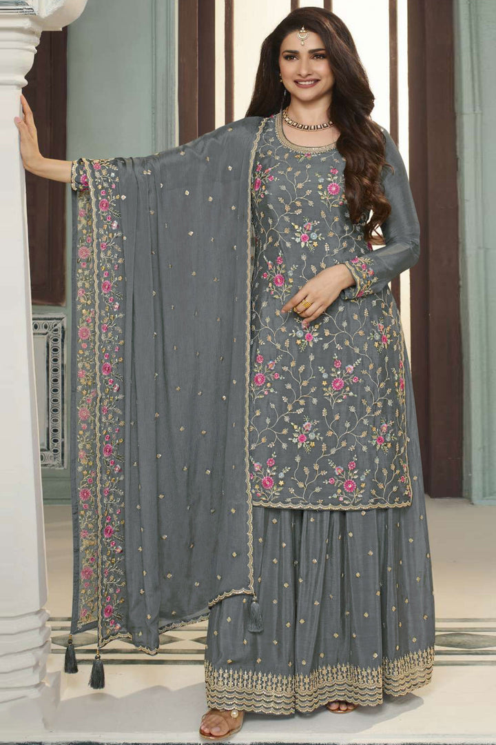 Prachi Desai Fascinating Grey Color Viscose Fabric Palazzo Suit