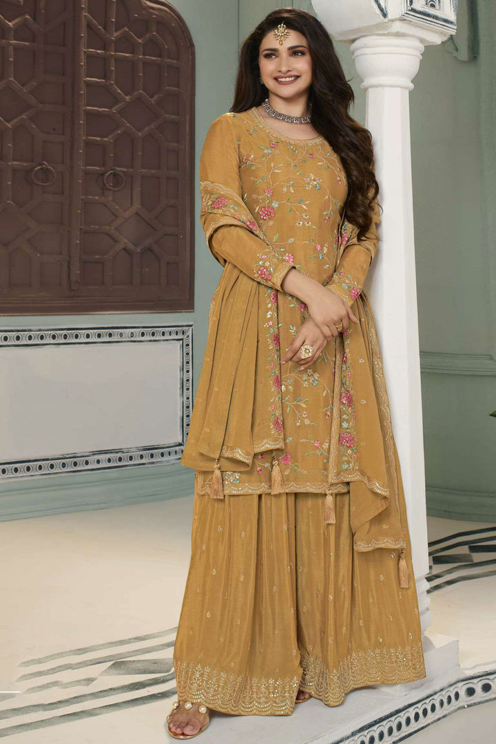 Prachi Desai Dazzling Viscose Fabric Mustard Color Palazzo Suit