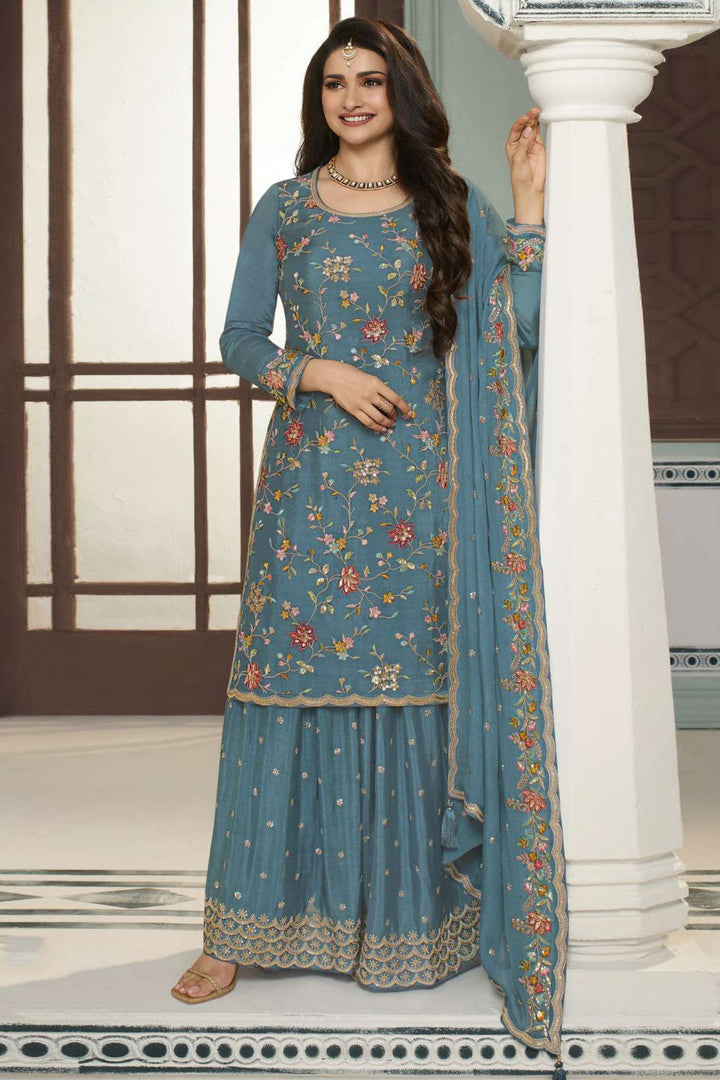 Prachi Desai Glamorous Viscose Fabric Cyan Color Palazzo Suit