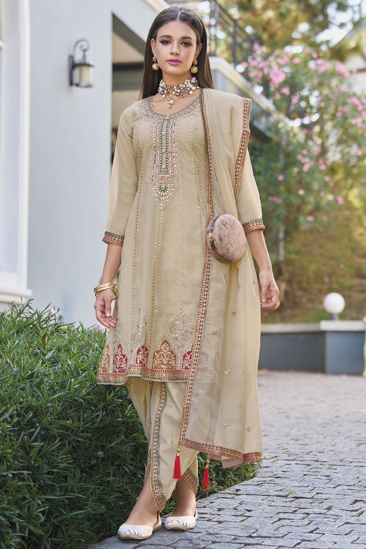 Beige Color Organza Fabric Charming Salwar Suit With Embroidered Work
