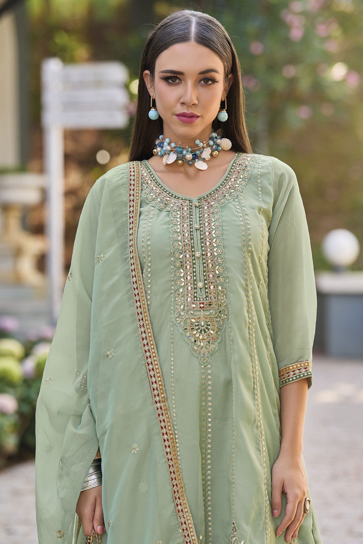 Organza Fabric Sea Green Color Attractive Salwar Suit With Embroidered Work