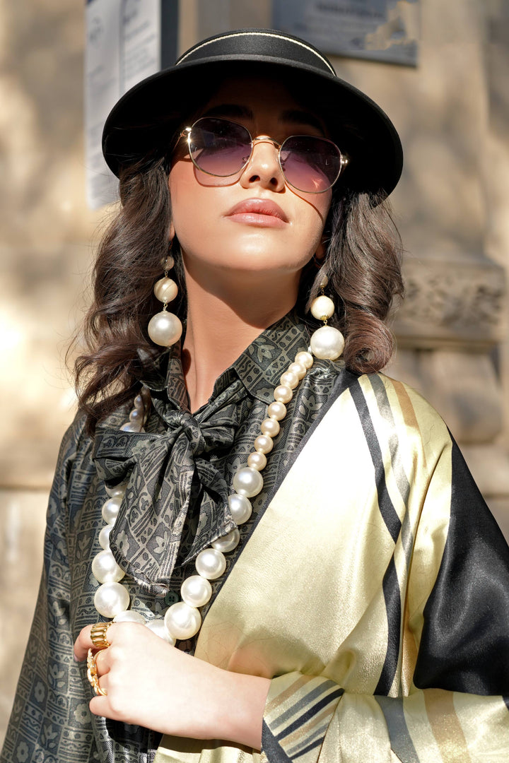 Excellent Satin Fabric Cream Color Saree With Digital Printed Work