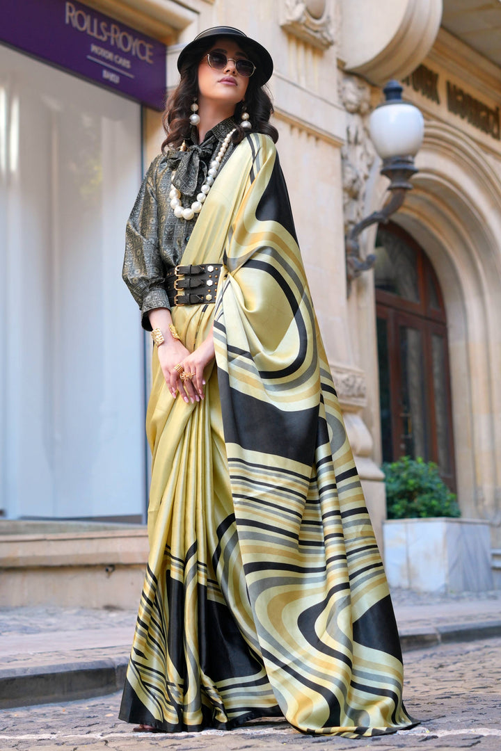 Excellent Satin Fabric Cream Color Saree With Digital Printed Work