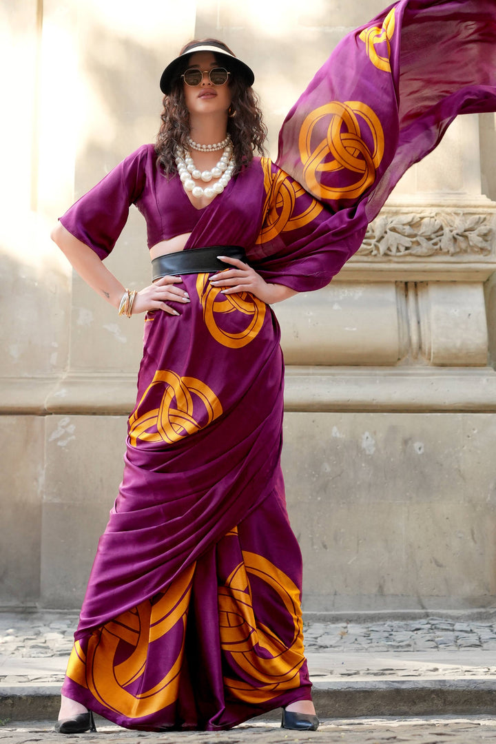 Purple Color Digital Printed Work On Satin Fabric Beatific Saree