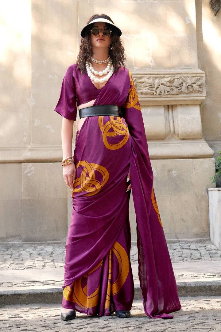 Purple Color Digital Printed Work On Satin Fabric Beatific Saree