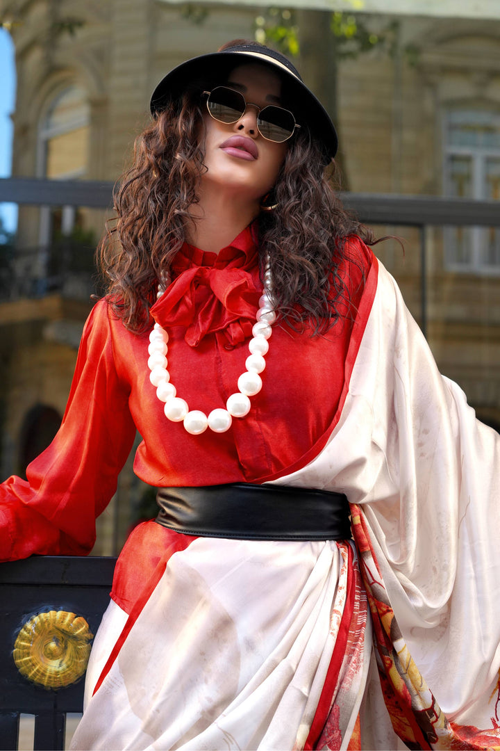 Embellished Digital Printed Work On Off White Color Satin Fabric Saree