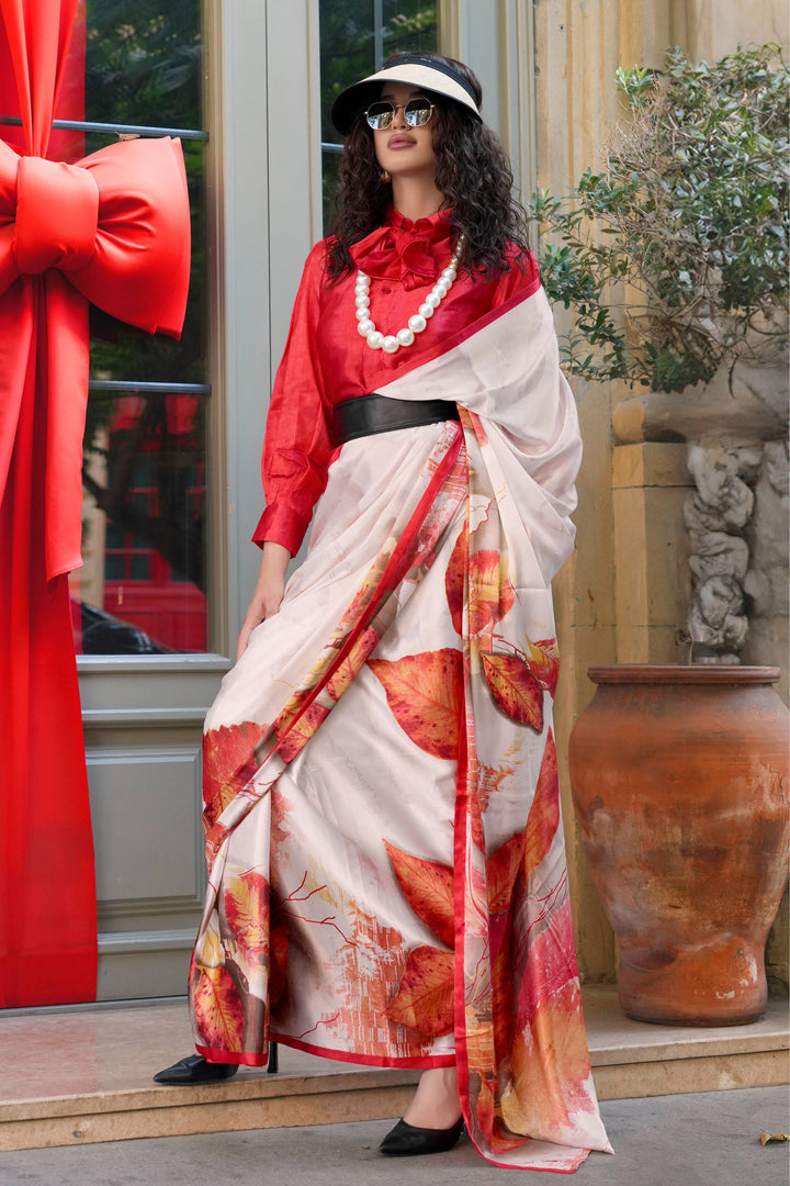 Embellished Digital Printed Work On Off White Color Satin Fabric Saree