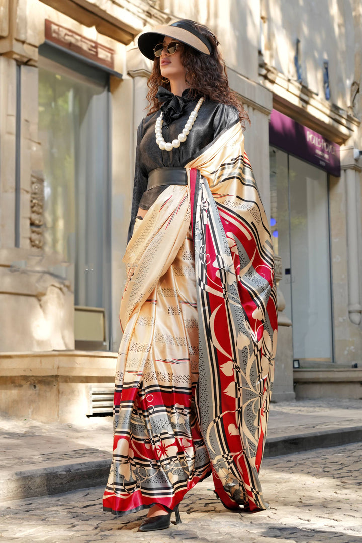Awesome Digital Printed Work On Satin Fabric Beige Color Saree