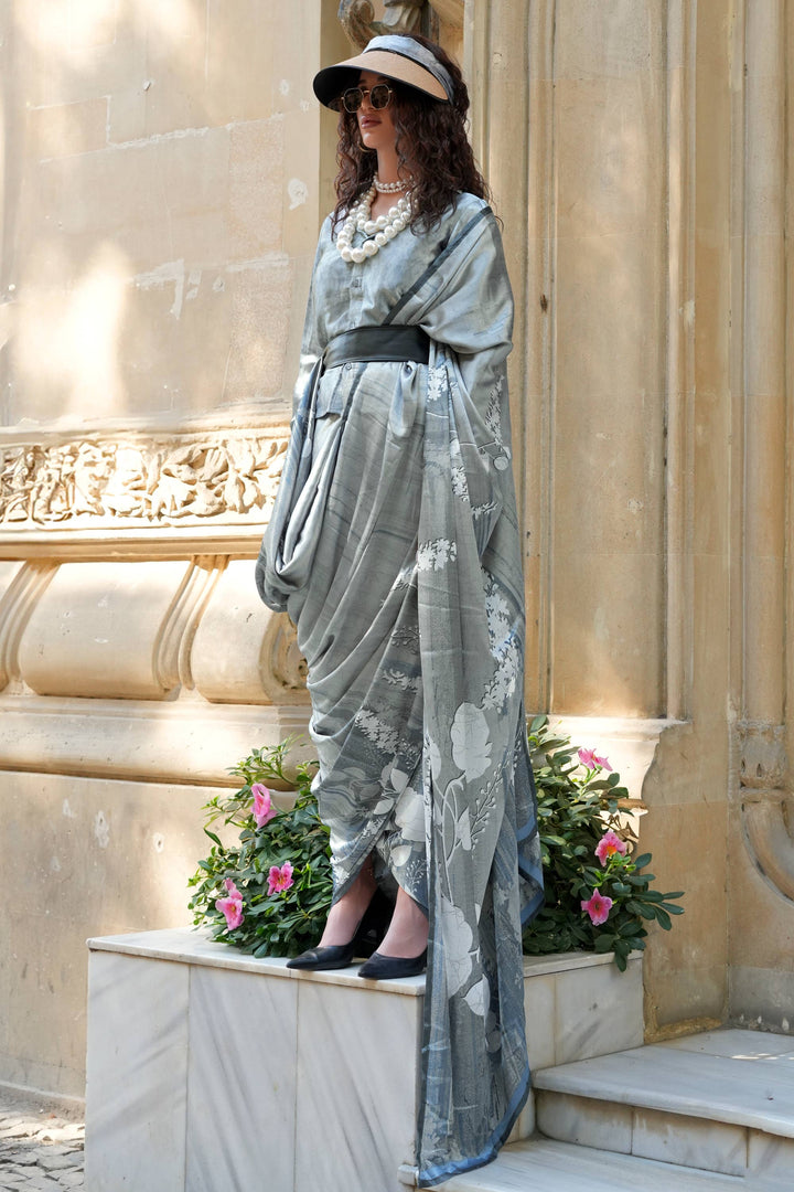 Tempting Satin Fabric Grey Color Saree With Digital Printed Work
