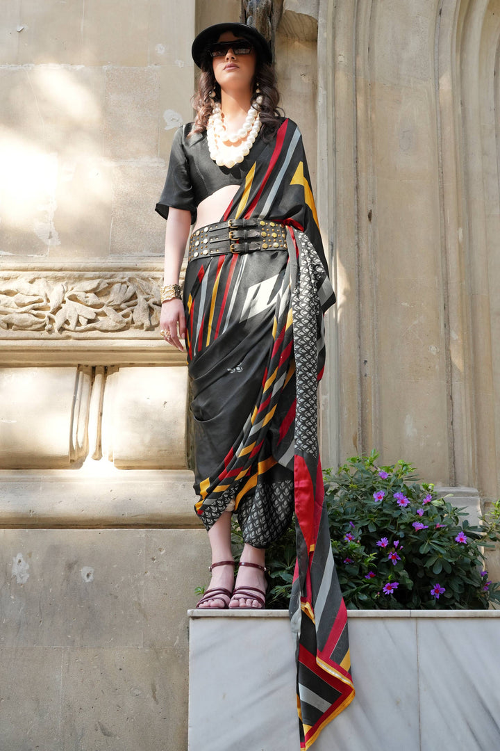 Engaging Black Color Satin Fabric Saree With Digital Printed Work