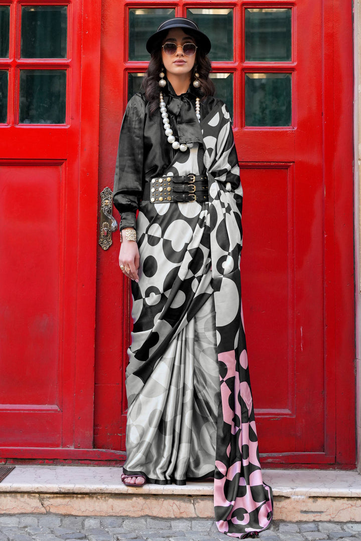 Satin Fabric Multi Color Saree With Winsome Digital Printed Work