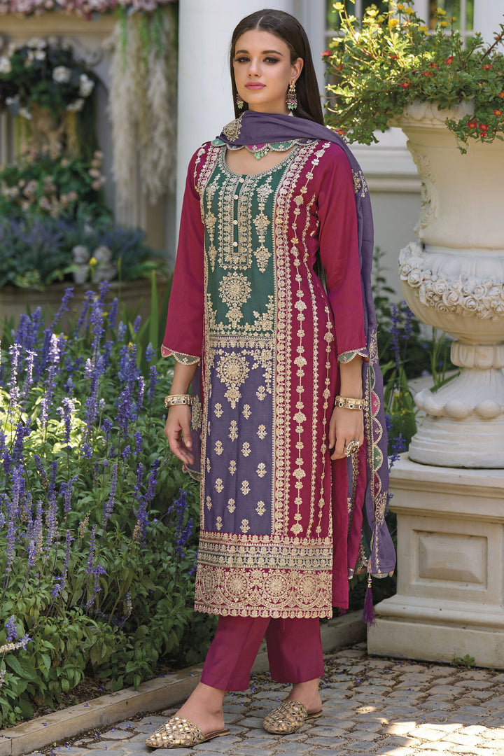 Chinon Fabric Embroidered Work Vivacious Readymade Salwar Suit In Pink Color