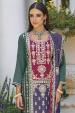 Load image into Gallery viewer, Chinon Fabric Embroidered Work Mesmeric Readymade Salwar Suit In Green Color
