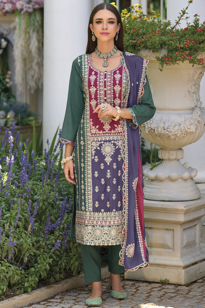 Chinon Fabric Embroidered Work Mesmeric Readymade Salwar Suit In Green Color