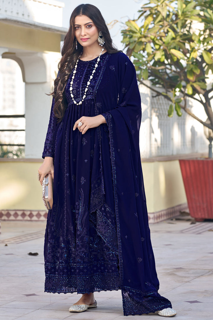 Navy Blue Color Glittering Georgette Fabric Embroidered Anarkali Suit