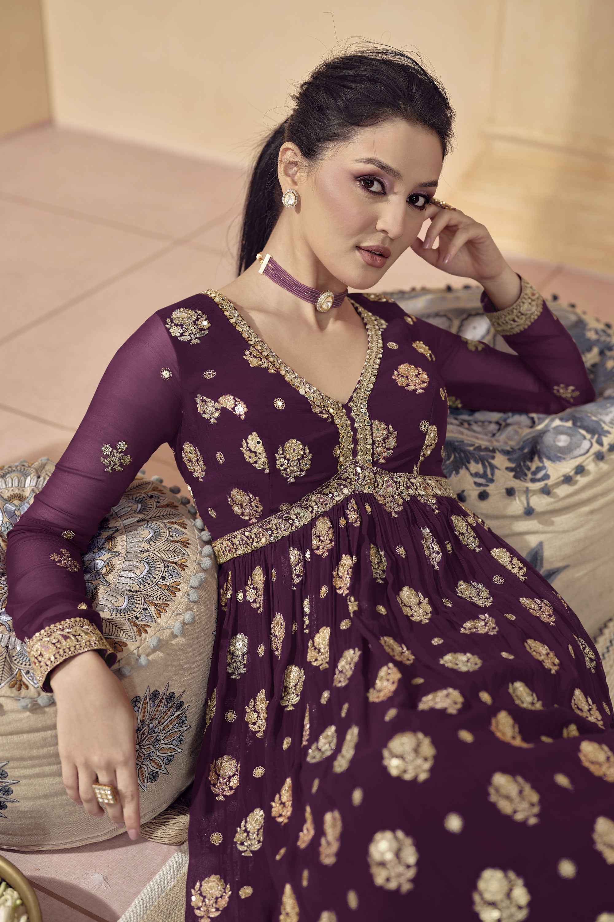 Purple Color Exquisite Readymade Gown With Dupatta In Georgette Fabric