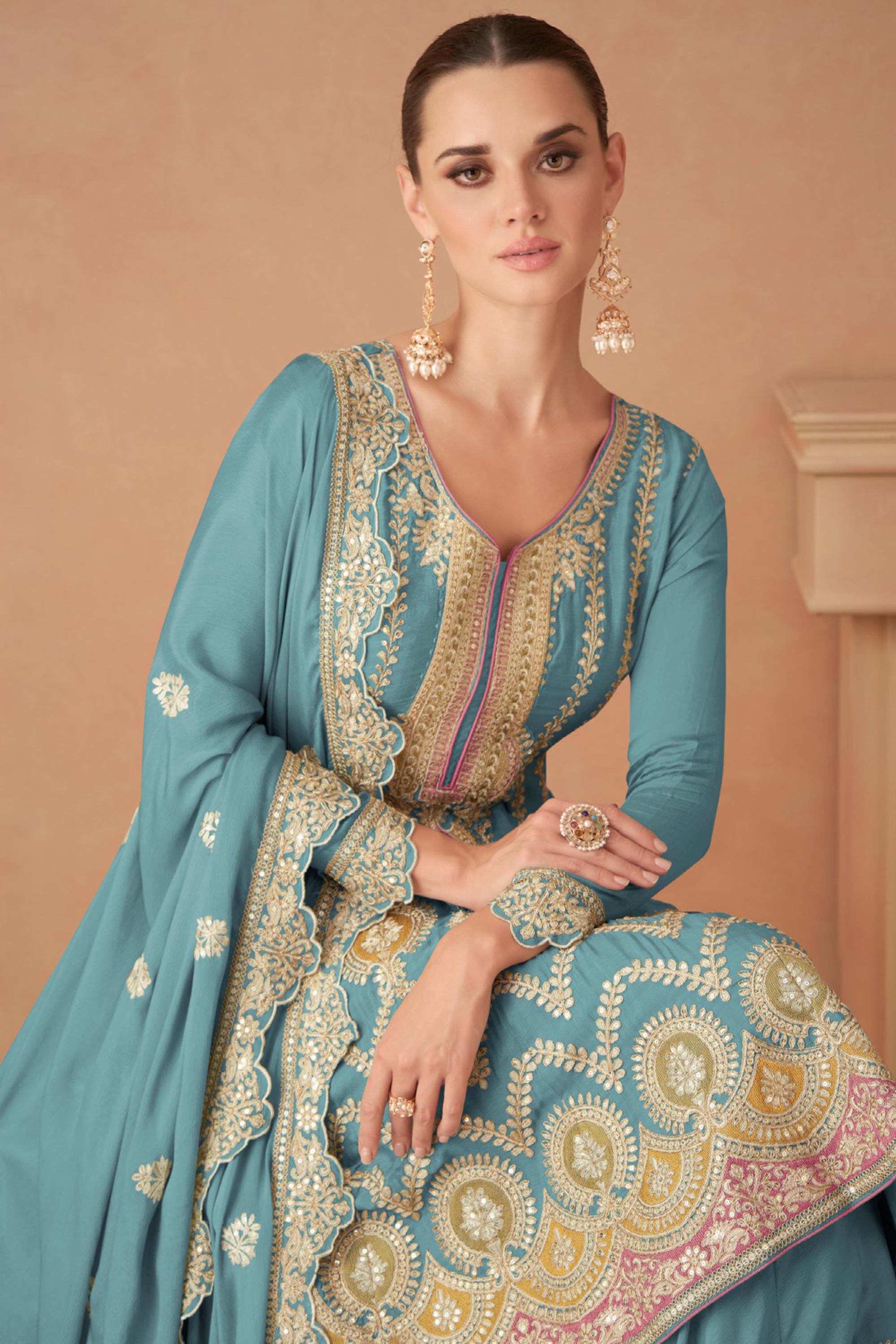 Eugeniya Belousova Chinon Fabric Captivating Cyan Color Palazzo Suit