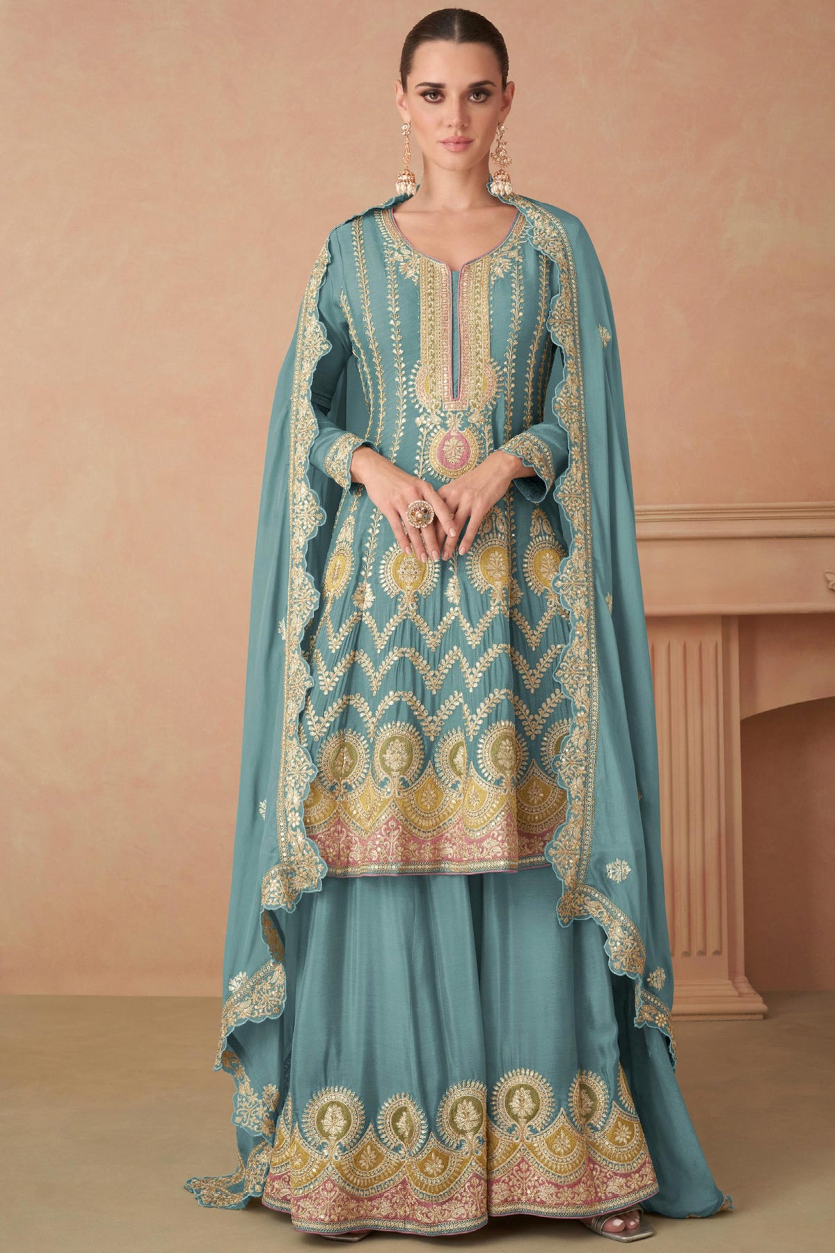 Eugeniya Belousova Chinon Fabric Captivating Cyan Color Palazzo Suit