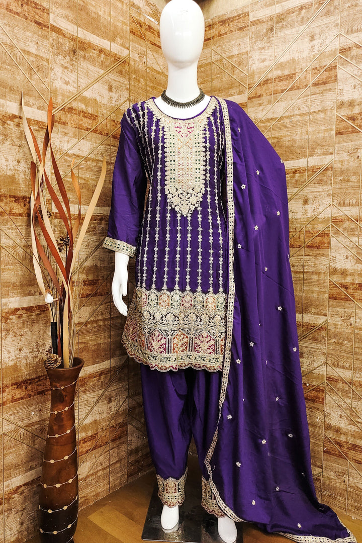 Chinon Fabric Purple Color Stylish Look Readymade Salwar Suit