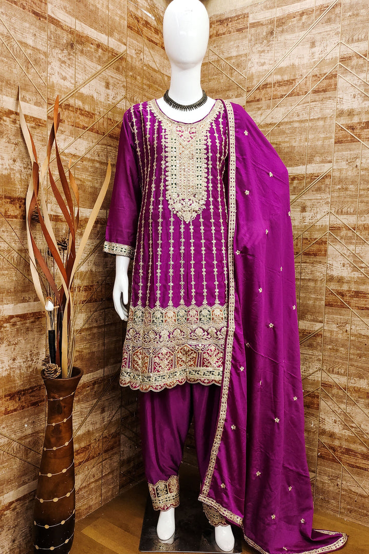 Chinon Fabric Wine Color Beatific Look Readymade Salwar Suit