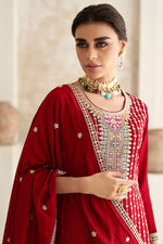 Load image into Gallery viewer, Chinon Fabric Captivating Red Color Readymade Salwar Suit
