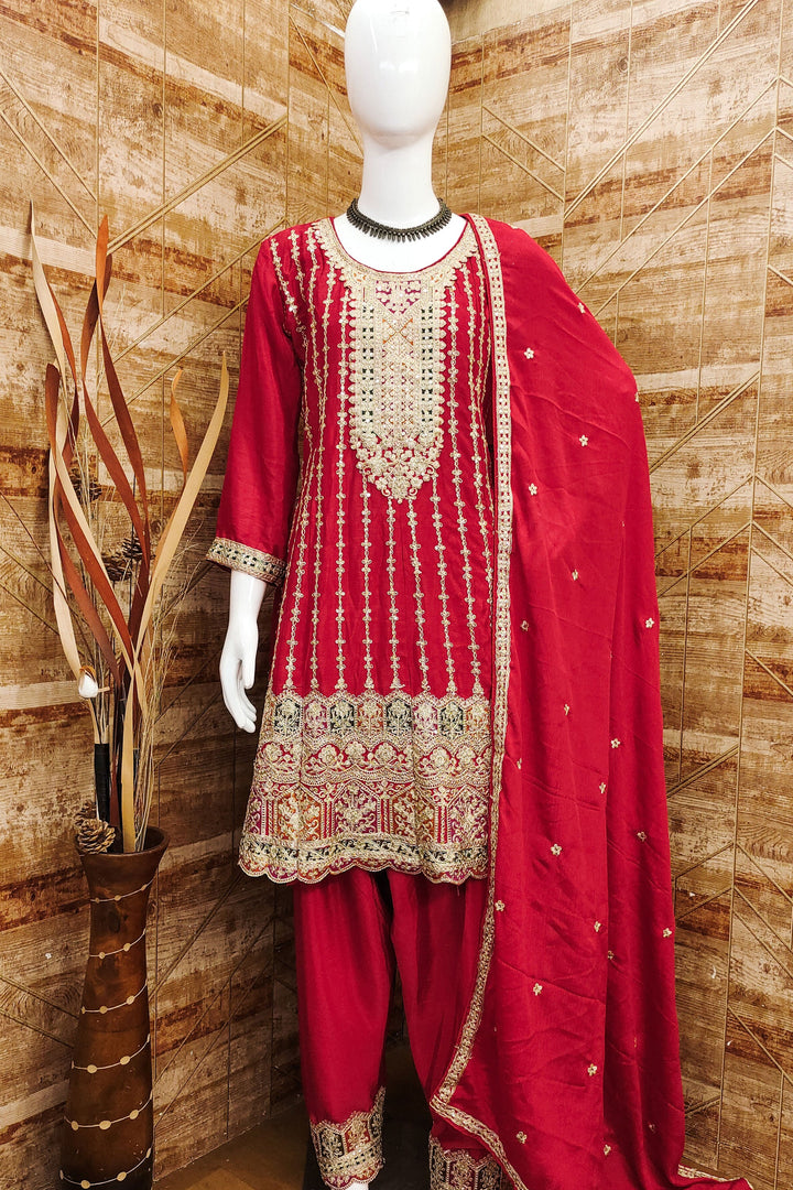 Chinon Fabric Captivating Red Color Readymade Salwar Suit