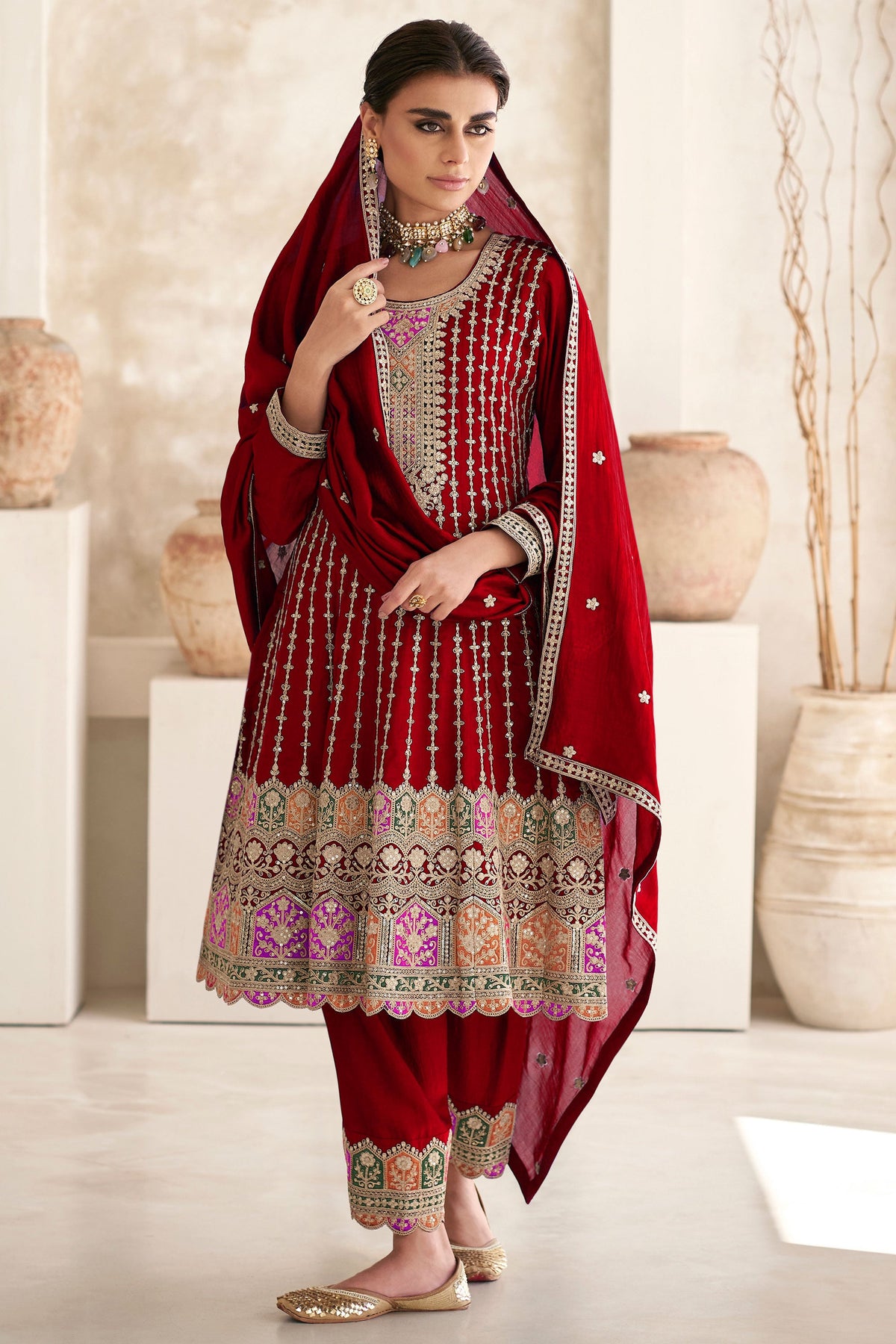 Chinon Fabric Captivating Red Color Readymade Salwar Suit