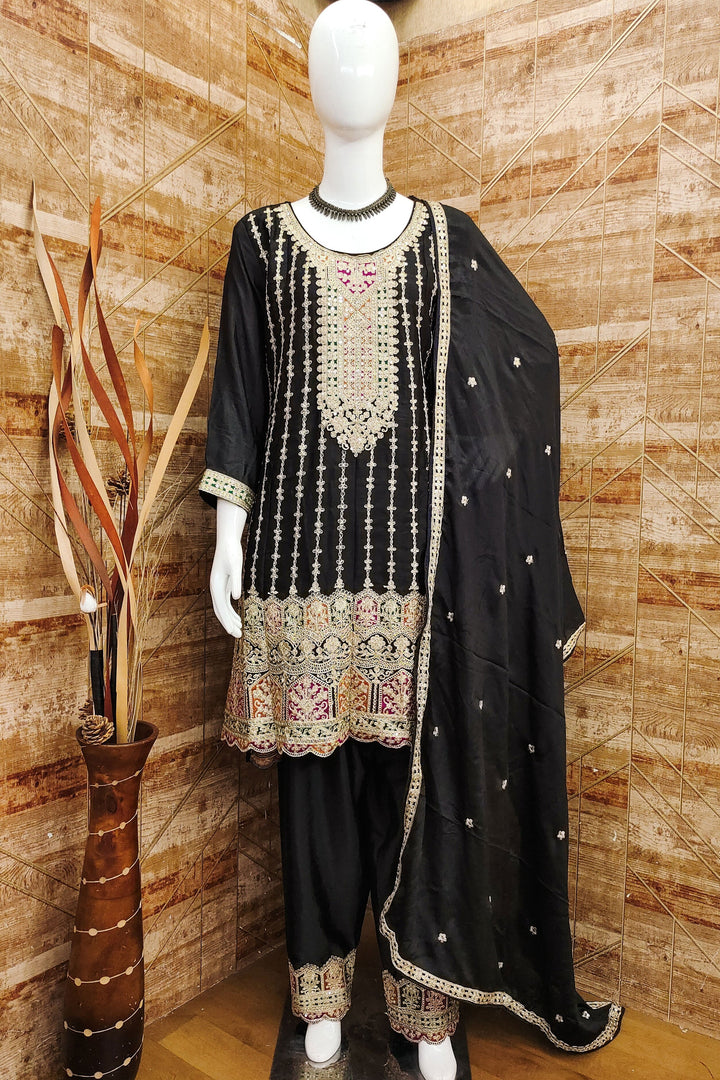 Black Color Chinon Fabric Glamorous Look Readymade Salwar Suit