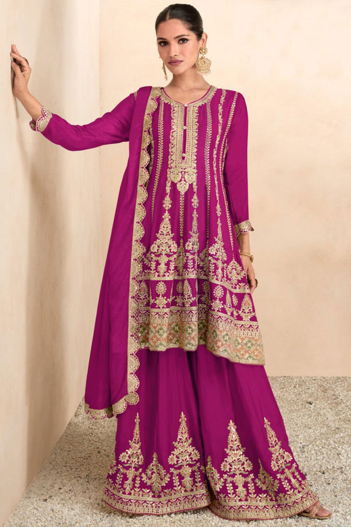 Vartika Singh Trendy Chinon Fabric Rani Color Palazzo Suit With Embroidered Work