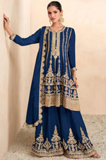 Load image into Gallery viewer, Vartika Singh Blue Color Embroidered Work On Chinon Fabric Chic Palazzo Suit
