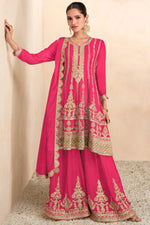 Load image into Gallery viewer, Vartika Singh Soothing Embroidered Work On Pink Color Chinon Fabric Palazzo Suit
