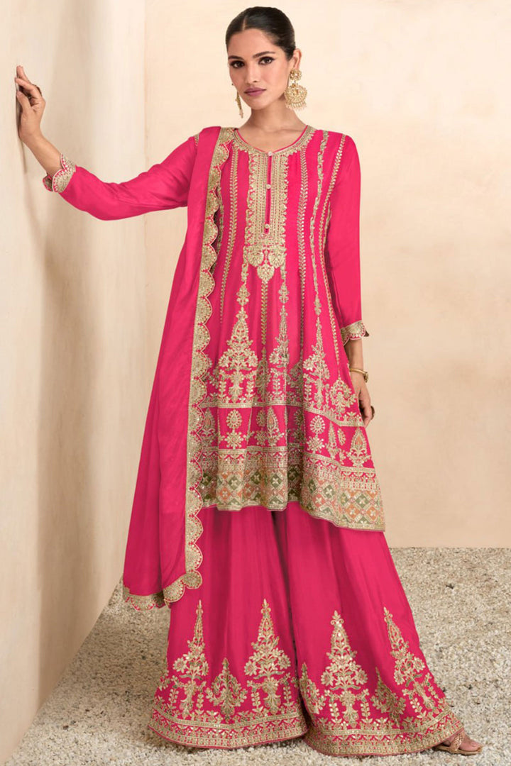 Vartika Singh Soothing Embroidered Work On Pink Color Chinon Fabric Palazzo Suit