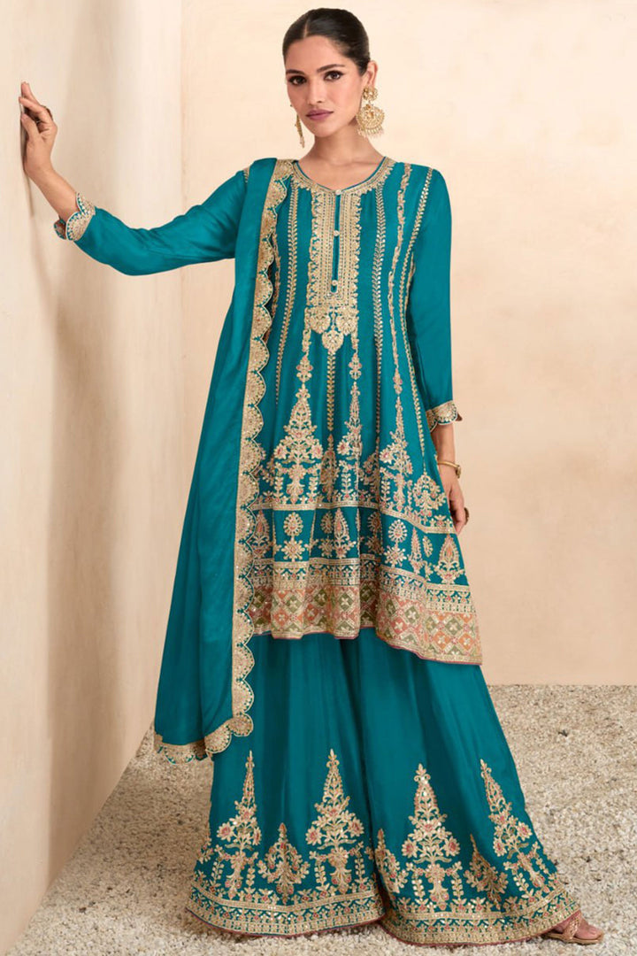 Vartika Singh Embroidered Work On Chinon Fabric Teal Color Gorgeous Palazzo Suit