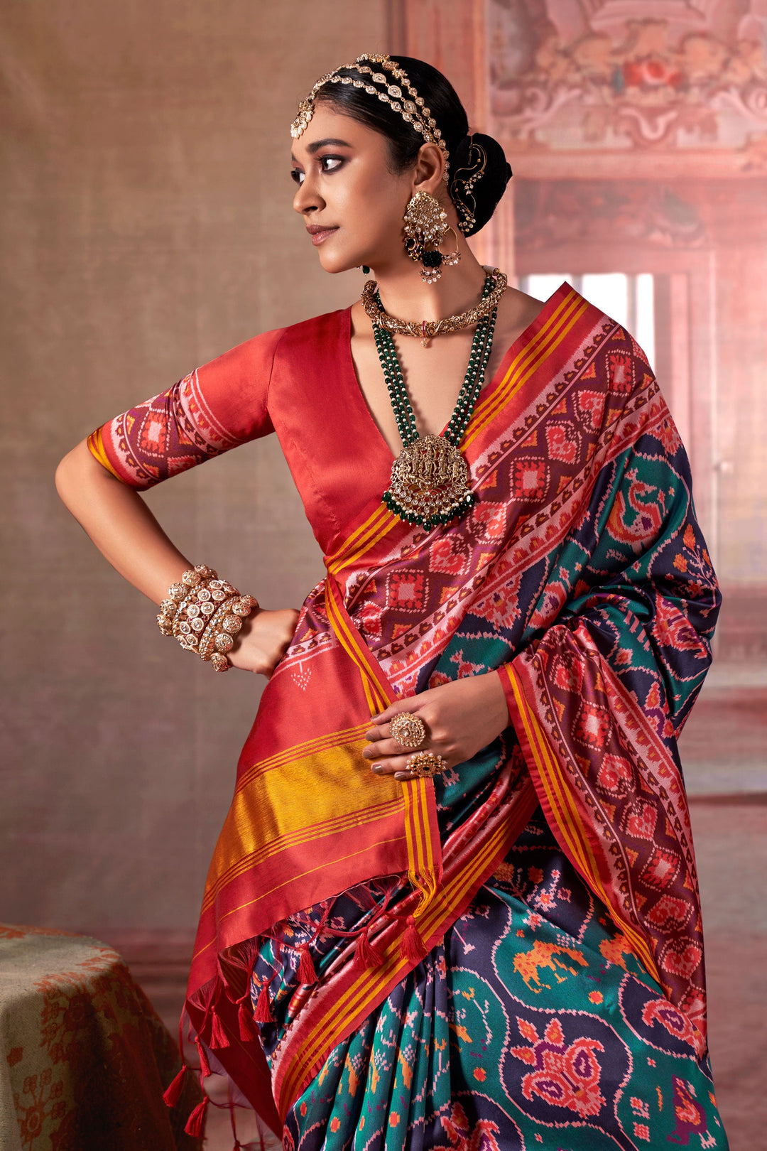 Trendy Art Silk Fabric Patola Printed Saree In Teal Color