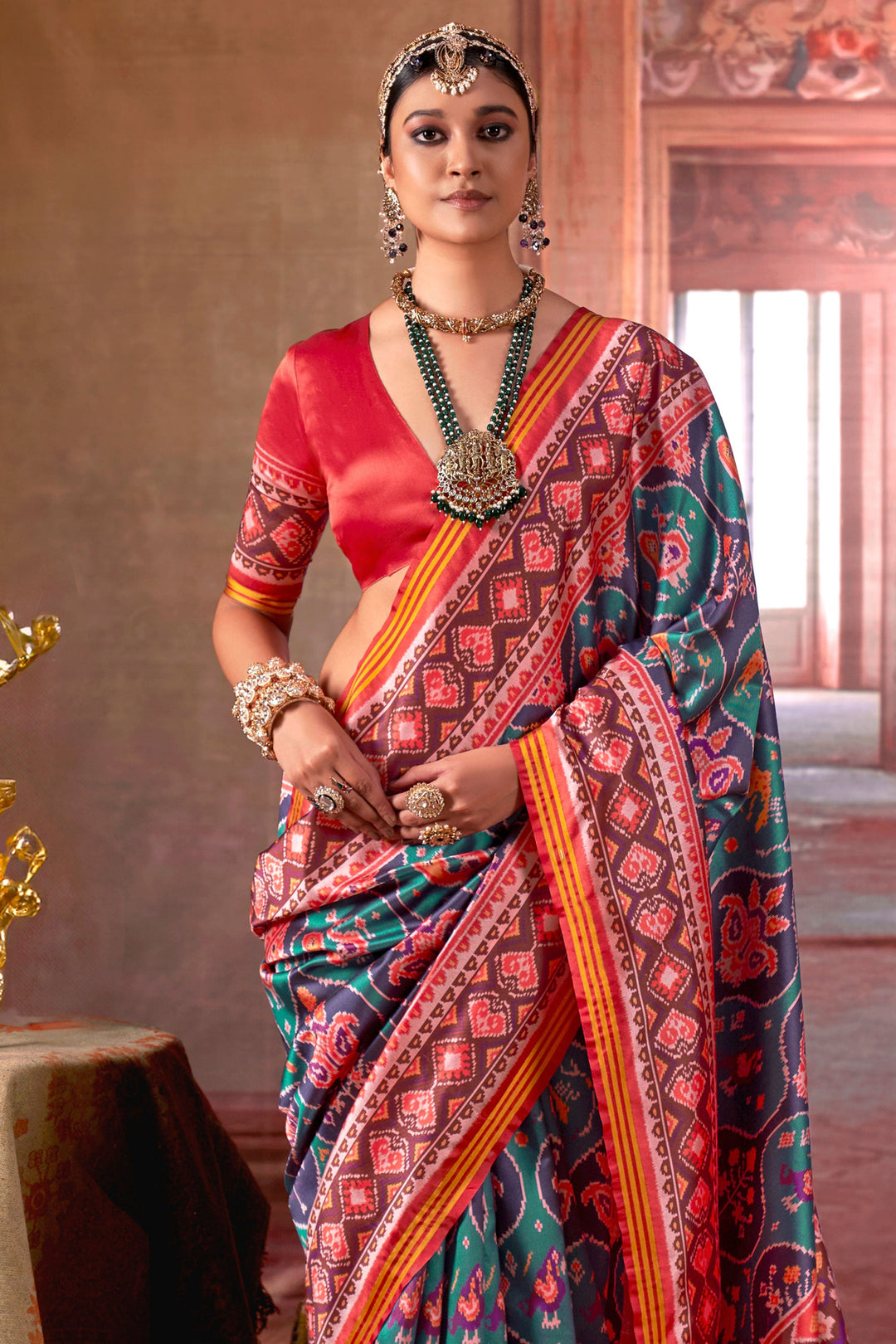 Trendy Art Silk Fabric Patola Printed Saree In Teal Color