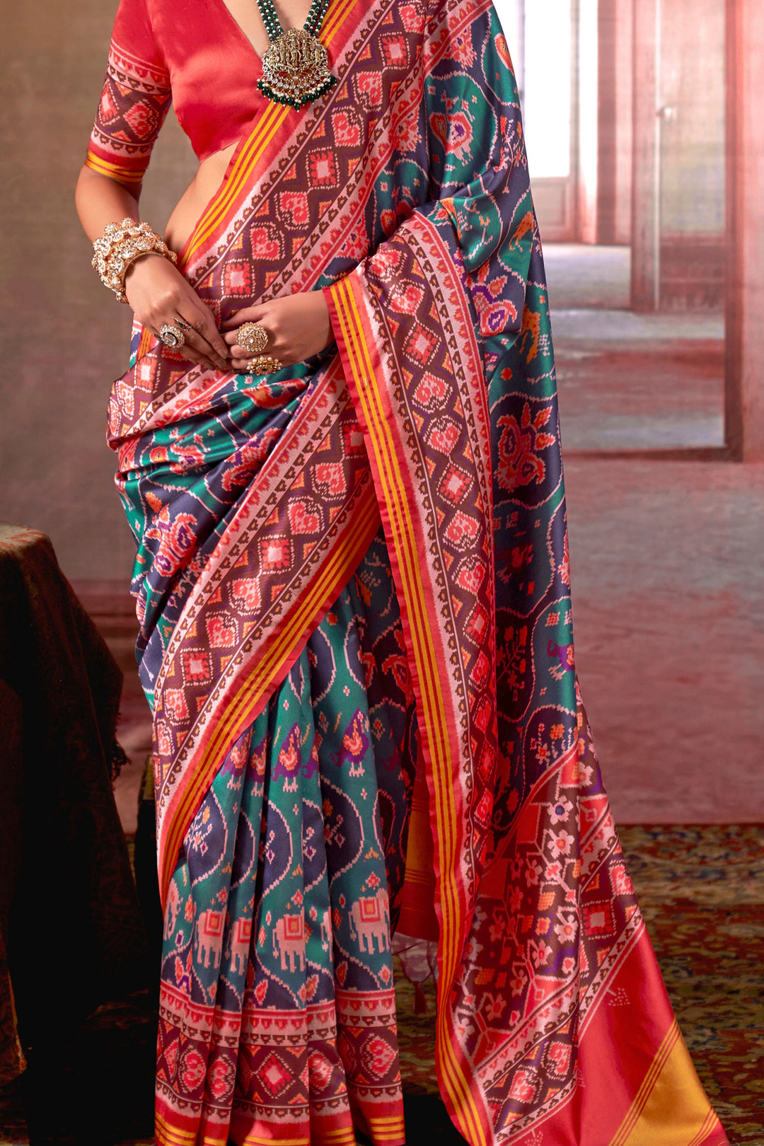Trendy Art Silk Fabric Patola Printed Saree In Teal Color